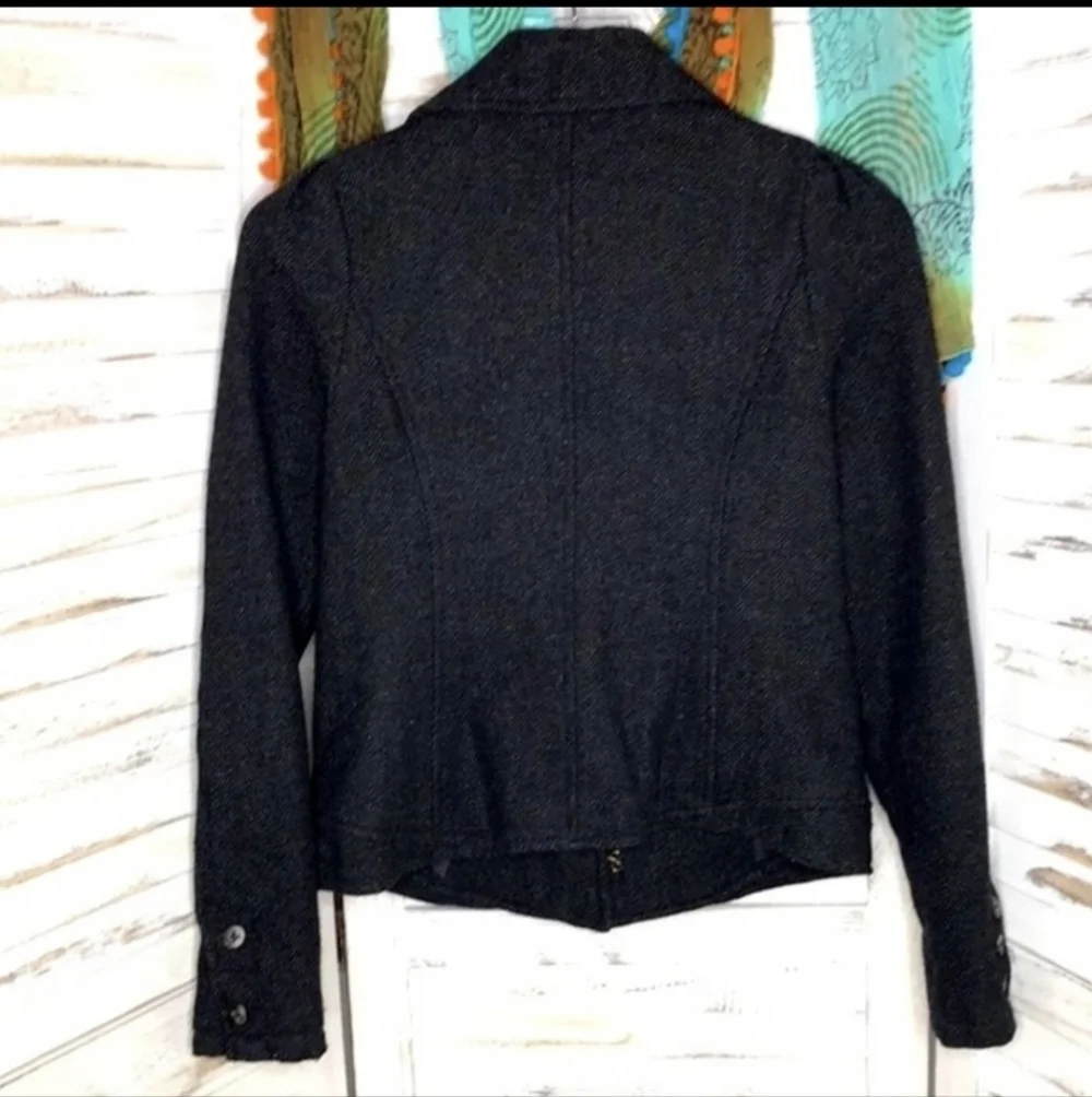 Free People Herringbone Dark Grey Wool Blend Puff Sleeve Jacket/Blazer